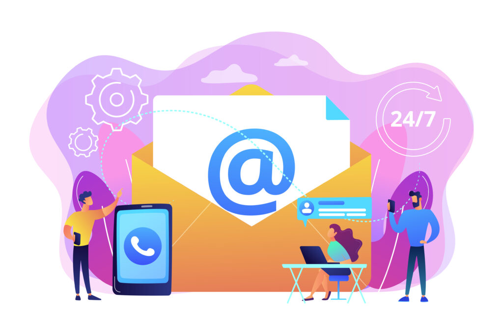 Email marketing, Internet chatting, 24 hours support. Get in touch, initiate contact, contact us, feedback online form, talk to customers concept. Bright vibrant violet vector isolated illustration