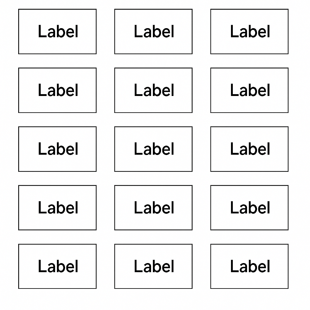 An 8.5x11 inch printable label sheet displaying 12 rectangular labels formatted for bulk product tagging.